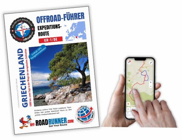 Cover des Reiseführers – Route in Griechenland und Ansicht der Route auf dem Smartphone in einer GPS-Navigations-App