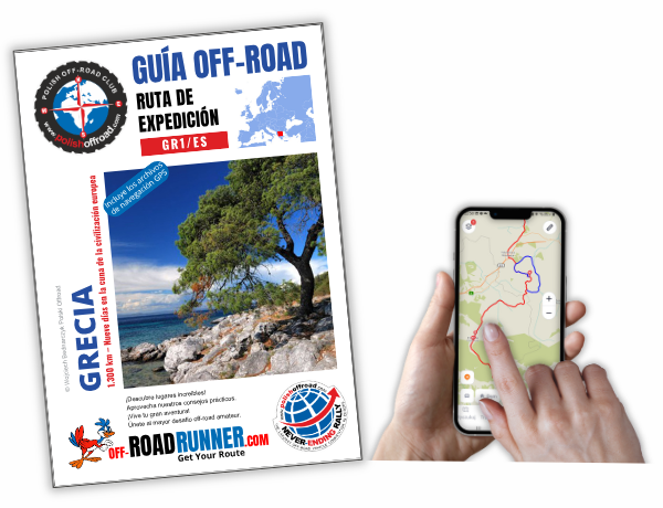 portada de la guía – ruta en Grecia y vista de la ruta en el teléfono en una aplicación de navegación GPS
